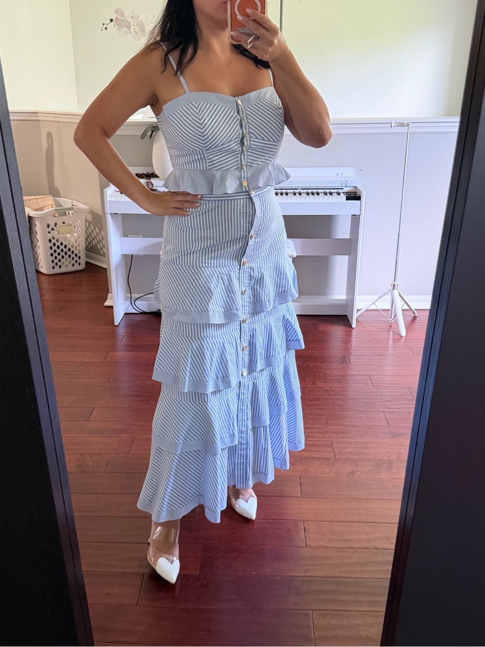 Sandro Light Blue and White Striped Ruffle Tiered Maxi Skirt set - Picture 2 of 3